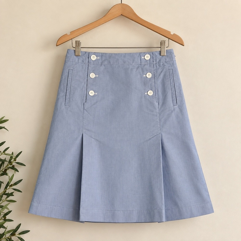 Talbots Light Blue Oxford Cotton Sailor Skirt Size 8 Pleated A-Line Button Front